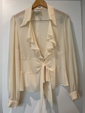 Beautiful Vintage Joseph Ribkoff semi-sheer  blouse with ruffle collar size 14!
